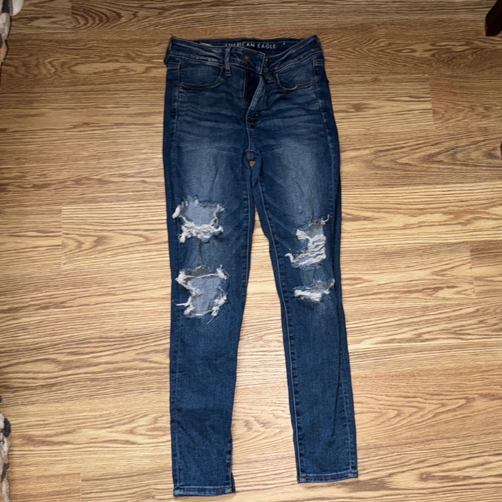 American Eagle Blue Skinny Jeans with Distressed Details